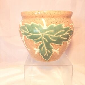Signed Art Pottery Vase/Planter. Relief Textured Grapes/Leaves. Speckled Glaze
